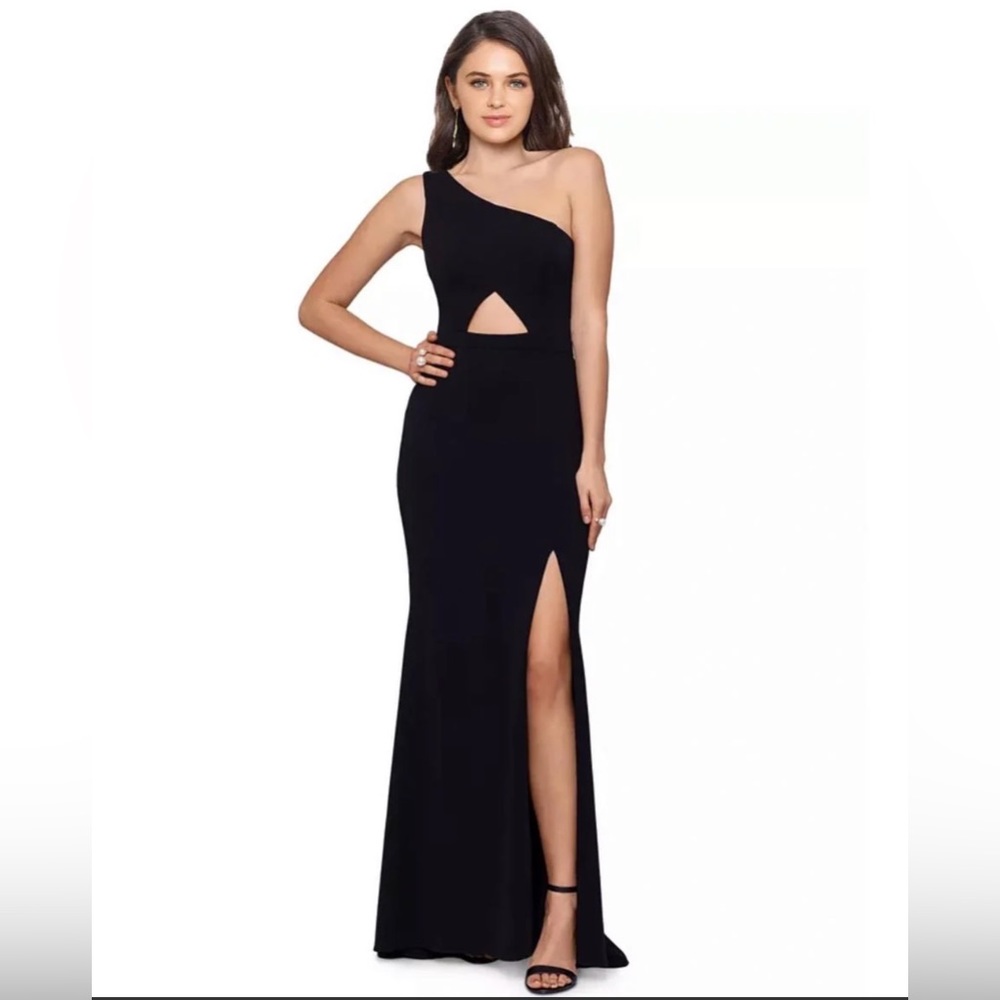 Aqua one shoulder gown w side split. Navy blue